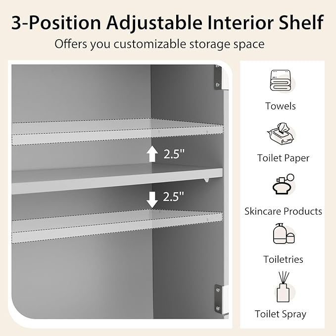 BestComfort Wooden Over The Toilet Storage Cabinet, Home Bathroom Space Saver, Double Doors, Adjustable Shelf Organizer, Open Storage Shelf, Freestanding Toilet Storage Rack Unit (Gray), Grey