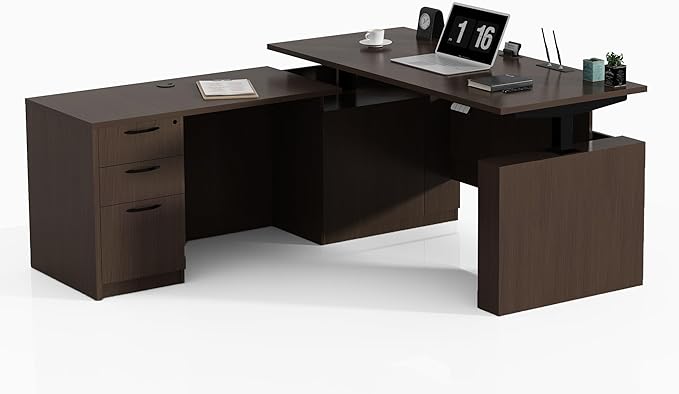 66.93'' Height Adjustable L-Shaped Executive Desk with Drawers and Shelves (Espresso)