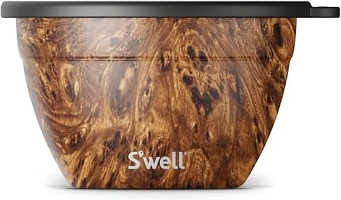 S’well Stainless Steel 64oz Salad Bowl Kit, Teakwood Finish, Includes 2oz Condiment Container and Removable Tray, Leak-Proof and Easy to Clean, Dishwasher Safe