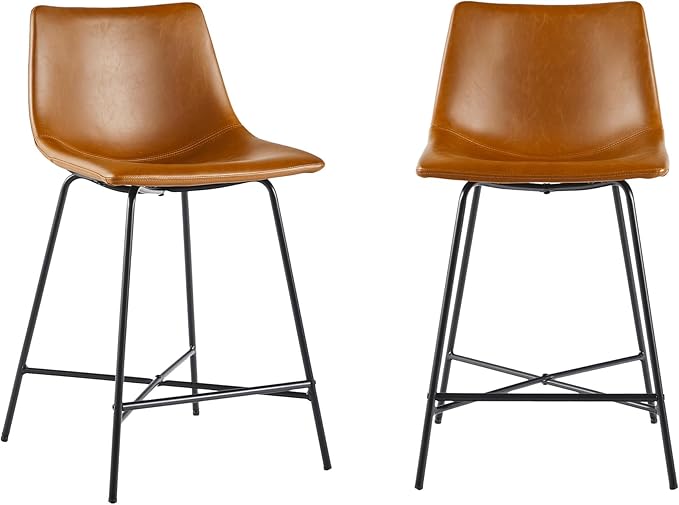 Walker Edison Xuma Modern Faux Leather Armless Low Back Counter Stool, Set of 2, Whiskey Brown