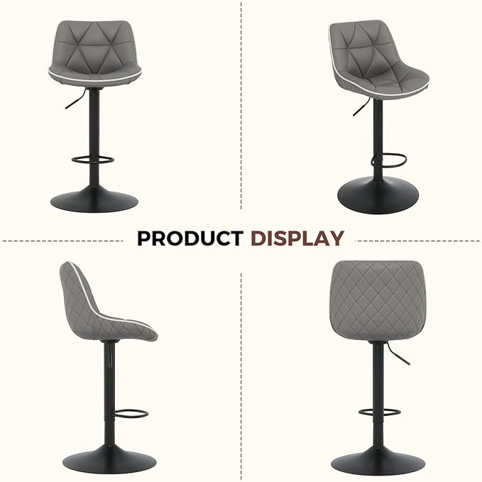 Nalupatio Bar Stools Set of 4, Adjustable Swivel Counter Height Bar Stools with Back, Armless Modern Barstools for Kitchen Island & Home Bar, Upholstered Seat,(Grey)