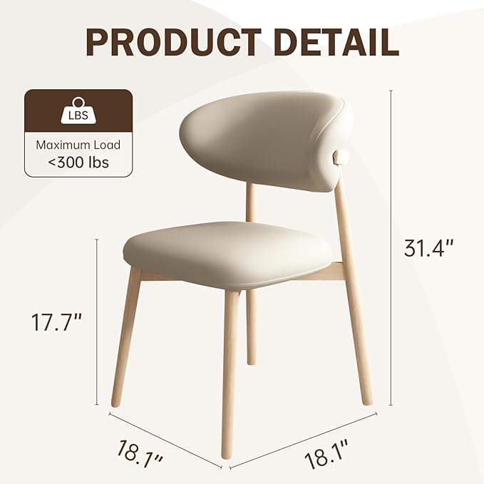 Upholstered Dining Chairs Set of 2,Mid Century Modern Kitchen Chairs with Back and Wood Frame,Faux Leather Dinner Chairs (White +Original Wood Legs, Set of 2)