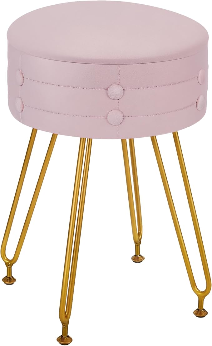 VECELO Round Vevlet Vanity Stool with Storage, 4 Metal Legs Vanity Seat with Anti-Slip Feet, Modern Vanity Chairs Footrest Furry Padded Seat, Space Saving, Easy to Clean for Makeup, Bedroom, Pink