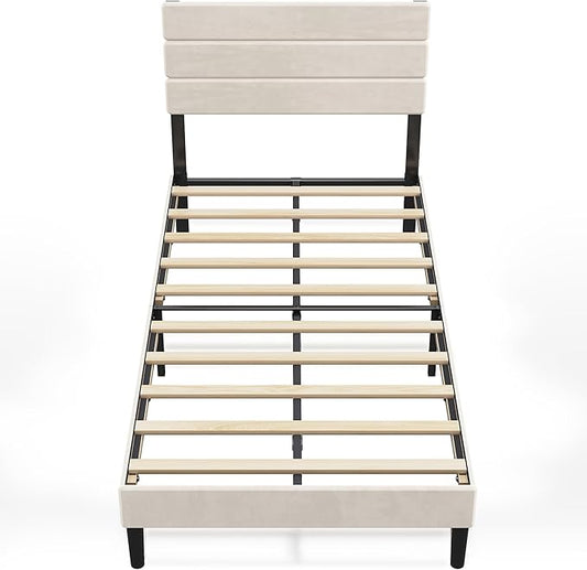 WLIVE Twin Size Upholstered Bed Frame, Velvet Square Tufted Headboard,Sturdy Metal & Wooden Slats Support, No Box Spring Needed, Light Grey