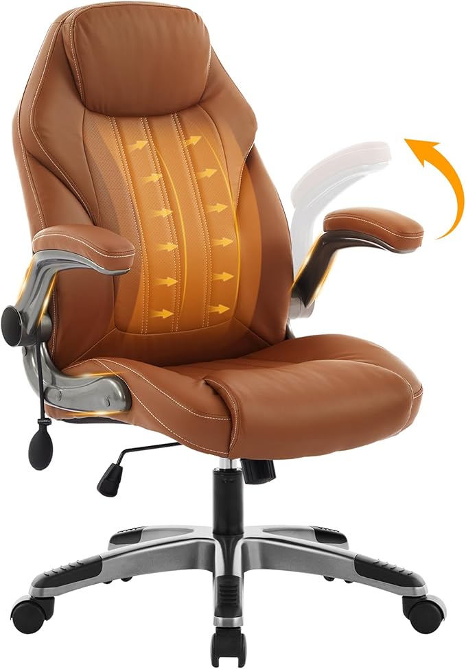 Office Desk Chair, Ergonomic Computer Chair with Padded Flip-Up Arms and Adjustable Lumbar Support, PU Leather Executive Chair with Tilt Lock and 360° Swivel Rolling Wheels for Work, Study