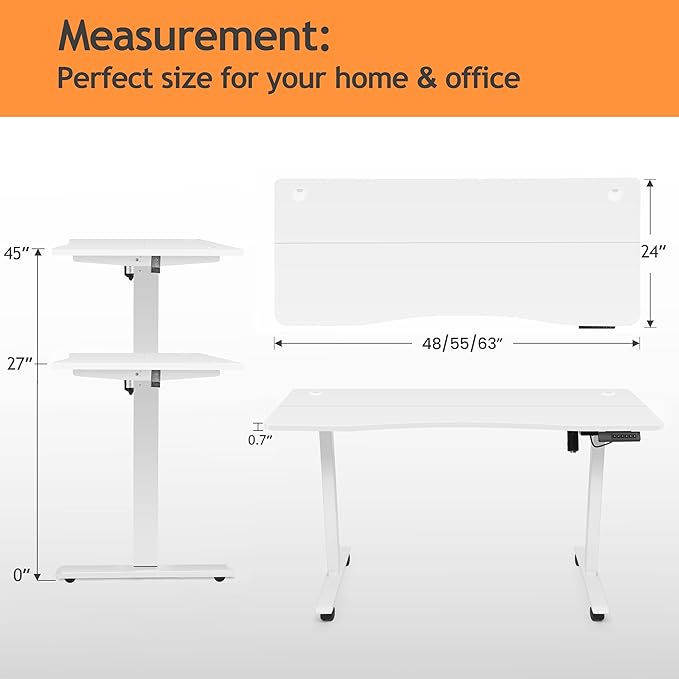Electric Standing Desk 55x24 in with Wheels, Adjustable Height 27-46 in, Ergonomic Sit-Stand Desk with Curved Desktop and Smooth Motor, Spacious and Sturdy Workstation for Home Office(White