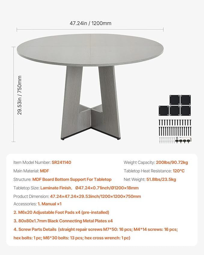 VEVOR Round Dining Table, 47 inch Wood Table for 4-6 Person, Farmhouse Circle Dinner Furniture, Rustic Leisure Tables with Thick Wooden Legs, for Home Kitchen Living Room, Grey (Only Table)