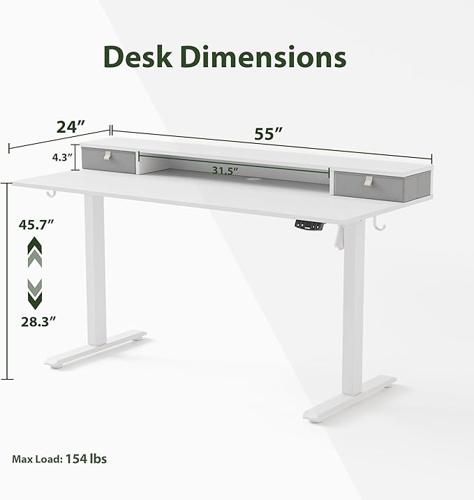 Agilestic 55 x 24 Inches Electric Standing Desk with 2 Storage Drawers, Stand Up Desk Adjustable Height, Sit and Stand Computer Table with Splice Board, White