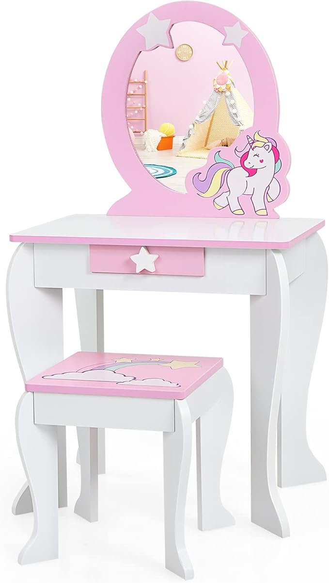 HONEY JOY Unicorn Kids Vanity, Toddler Makeup Table with Mirror and Stool, Wooden Pretend Play Vanity for Little Girls, Detachable Mirror and Storage Drawer, Kids Vanity Table and Chair Set (White)