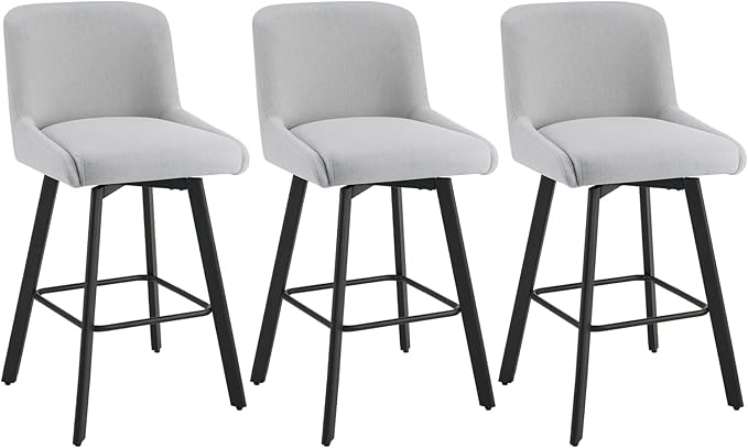 Swivel Bar Stools Set of 3, 30''H Upholstered Barstools with Backs, Modern Counter Height Bar Stool Chairs for Kitchen Island, Metal Legs, Fabric, Light Gray Counter Stools