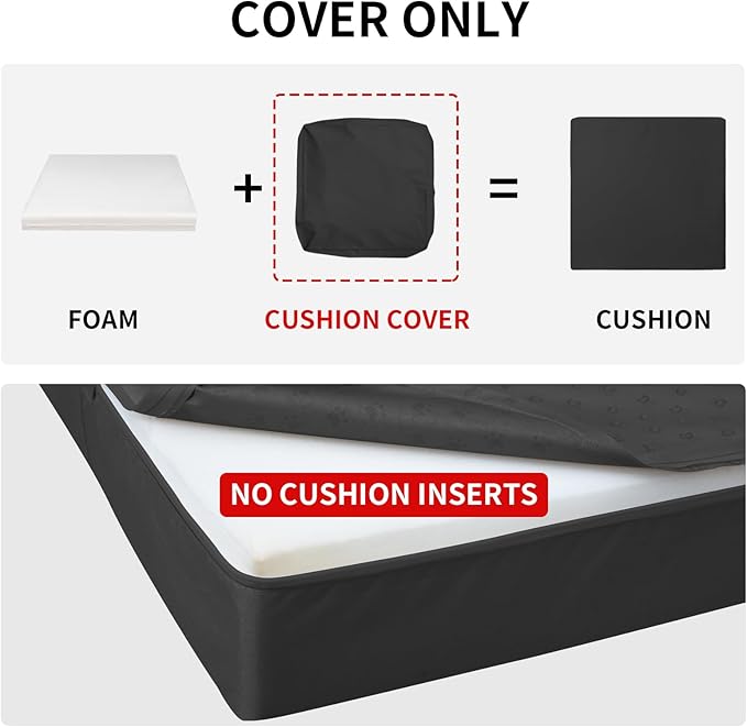 Easy-Going Waterproof Patio Cushion Covers ONLY Cover 24x22x4 inch 2 Pack Replacement Non-Slip Outdoor Seat Cushion Slipcover with Zipper. Black