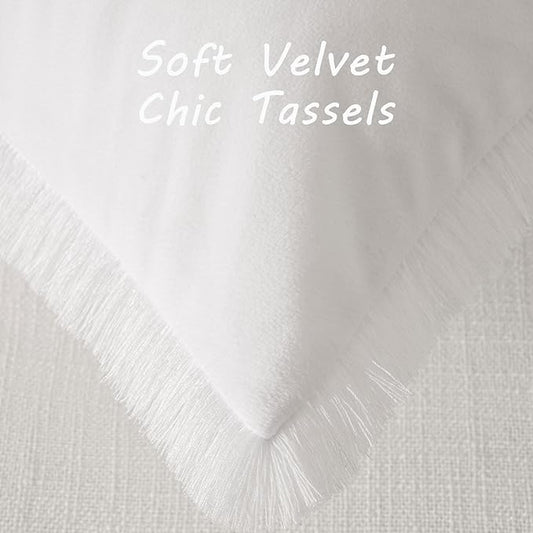 FUTEI Cream White Velvet Decorative Throw Pillow Covers 26x26 Set of 2,Soft Cozy Edge with Tassels Euro Pillow Shams,Boho Modern Home Decor for Couch Bed Living Room