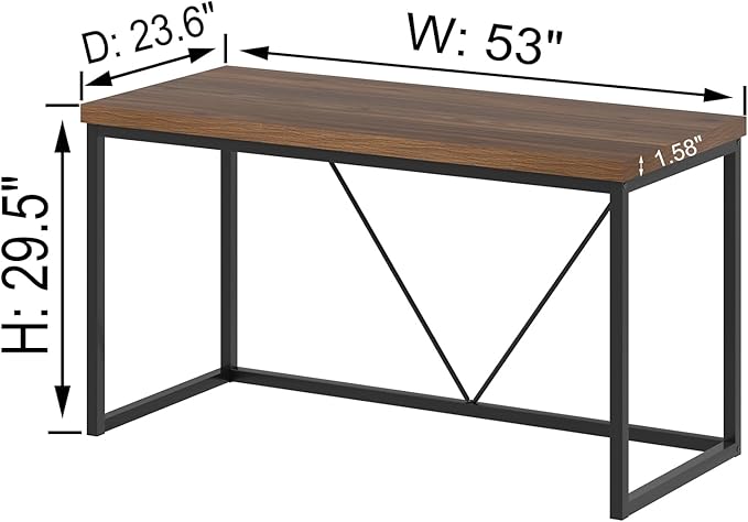 FOLUBAN Modern Computer Desk, Rustic Wood and Metal Study Writing Table, Simple Work Gaming PC Desk for Home Office, Walnut 53 Inch