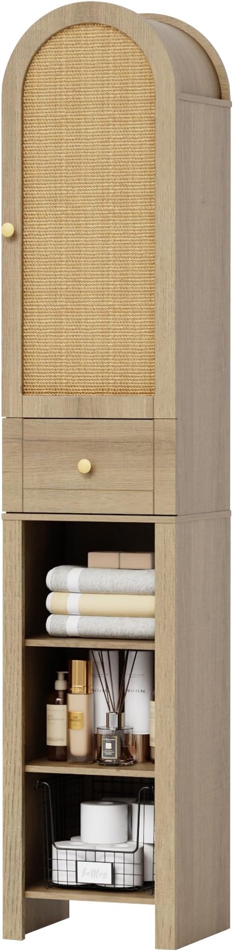 70" Tall Bathroom Storage Cabinet with Rattan Door,Narrow Storage Cabinet with Drawer Adjustable Shelves, Modern Arched Design Bathroom Cabinet for Bathroom, Living Room, Kitchen, Natural