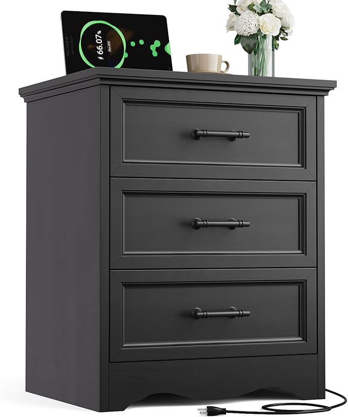 Black Nightstand with Charging Station, 19.7" Farmhouse End Table with 3 Drawers Storage, Bedside Table with Brushed Metal Handles, Unique Base Design, 3 Drawer Dresser for Bedroom, Living Room