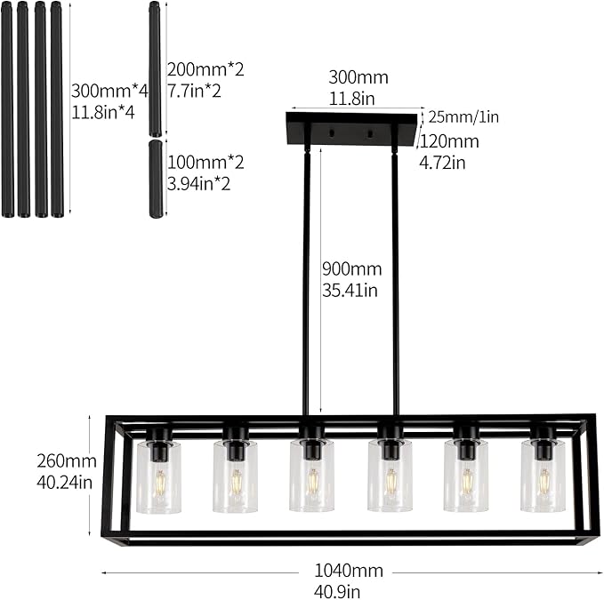 Farmhouse Dining Room Light Fixture Kitchen Island 6-Light Pendant Lighting, Adjustable Rectangle Black Contemporary Chandeliers with Glass Shade (6 Light)