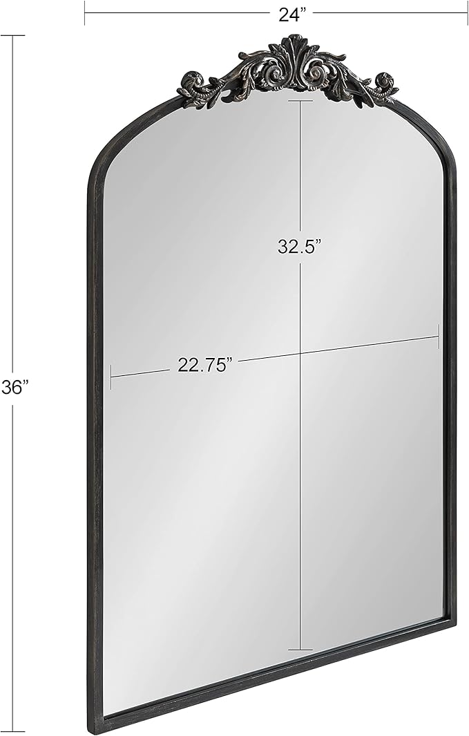 Kate and Laurel Arendahl Traditional Arch Mirror, 24 x 36, Antique Black, Baroque Inspired Wall Decor