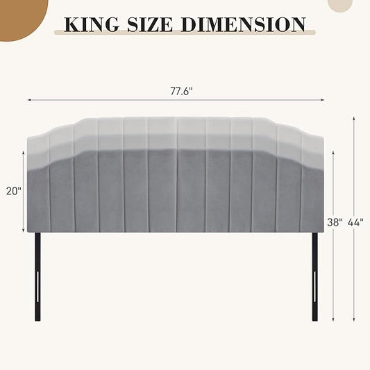 Upholstered Headboard Adjustable Height Queen/King Headboard Cream Velvet Tufted Modern Vertical Channel Design with Stepped Silhouette Top Edge(Grey King)
