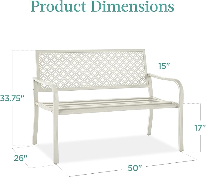 Best Choice Products Outdoor Bench 2-Person Metal Steel Benches Furniture for Garden, Patio, Porch, Entryway w/Geometric Backrest, 790lb Capacity - Ivory