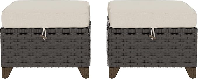 2 Pieces Patio Outdoor Ottomans with Removable and Washable Covers,PE Rattan Wicker Footstools for Porch, Garden, Sunroom (Beige)