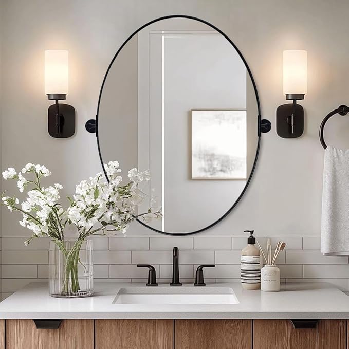 ANDY STAR Black Mirror for Bathroom, 24 x 32 Inch Oval Wall Mirror with Stainless Steel Metal Frame, Pivot Vanity Mirror Vertical Hanging for Modern Style Room