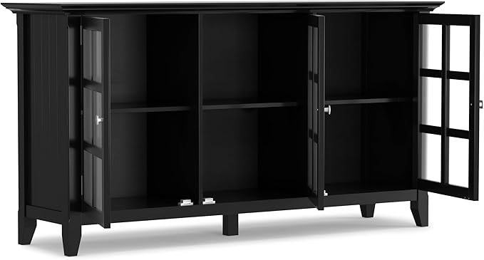 SIMPLIHOME Acadian SOLID WOOD 62 inch Wide Transitional Wide Storage Cabinet in Black, with 3 Tempered Glass Doors, 3 Adjustable Shelves