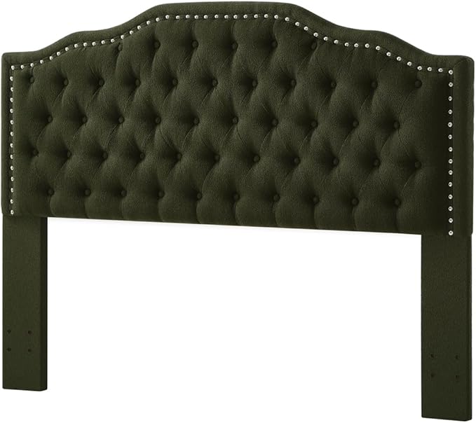 24KF Upholstered Button Tufted Queen Headboard with Nailhead Trim, Elegant Boucle Fabric Full headboard, 6031-Q-Boucle-Dark Green