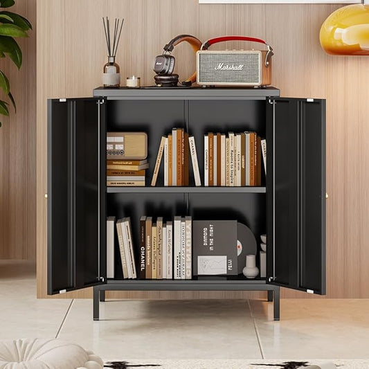 Small Storage Cabinet, Metal Cabinets with Doors and Shelves, Low Cabinet with high feet and Locker, Coffee Bar with Storage, Modern Accent Cabinets for Home,Office,Kitchen,Bathroom,Dining Room