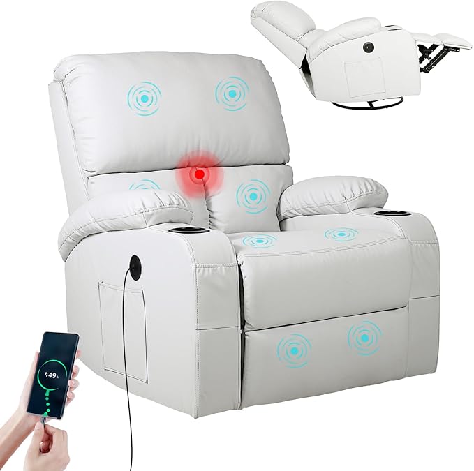 LEVELEVE Rocking Recliner Chair, Massage Rocker Recliner Chair with Vibration Massage and Heat, USB and Type-C Ports,360° Swivel Faux Leather Chairs, Living Room, Bedroom, Nursery, RV, Light Grey