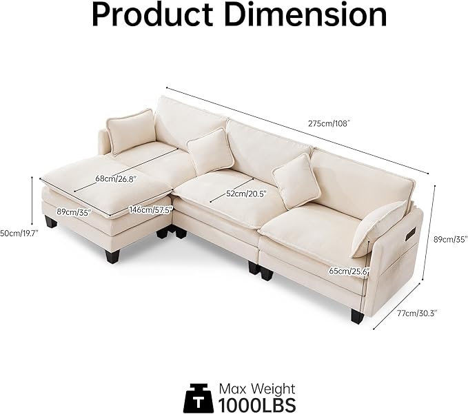 108" Modern L-Shaped Sectional Sofa with USB & Type-c Port Charger, Modular Cloud Couch, Deep Seating Chenille Fabric 4-Seater with Ottoman and Pillows for Living Room (Beige)