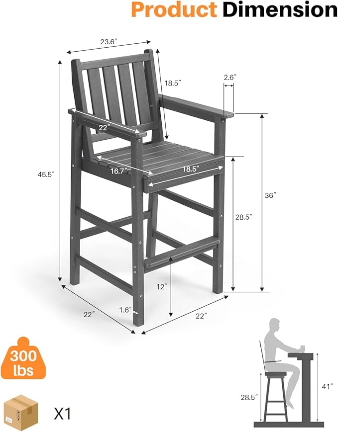 Adirondack Bar Chair Set of 2, HDPE Tall Adirondack Chairs Bar Stools with Footrest, Outdoor Bar Height Stool Chair Set, HDPE Patio Barstools Set for Balcony, Porch, Deck, Pool, Smoke Gray