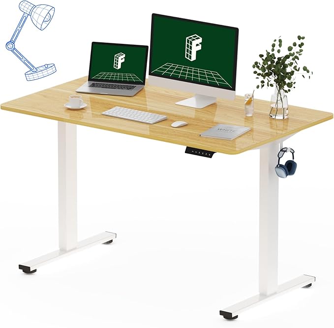 FLEXISPOT One-Piece Electric Standing Desk, 48 x 30 Inches Adjustable Desk with Seamless Desktop, Memory Controller Height Adjustment (White Frame + Maple Desktop, 2 Packages)