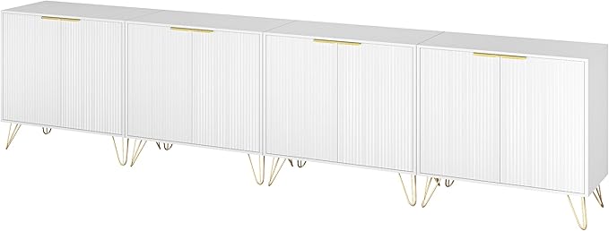 Storage Cabinet Set of 4, White Fluted Cabinet with Adjustable Shelves, Modern Coffee Bar for Kitchen, Living Room and Office