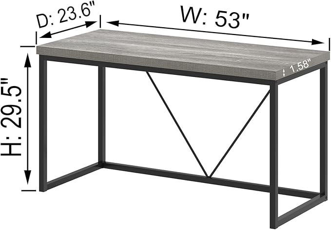 FOLUBAN Modern Home Office Desk, Industrial Vintage Computer Desk, Rustic Wood and Metal Study Writing Table, Simple Work Gaming PC Desks for Bedroom Living Room, Light Grey 53 Inch
