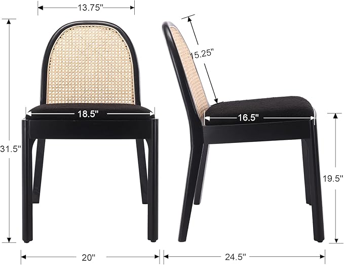 Upholstered Wooden Dining Chairs Set of 4, Farmhouse Kitchen & Dining Room Chairs with Cane Back, Accent Rattan Dining Table Chairs Sherpa Seat for Kitchen/Restaurant/Living Room, Black