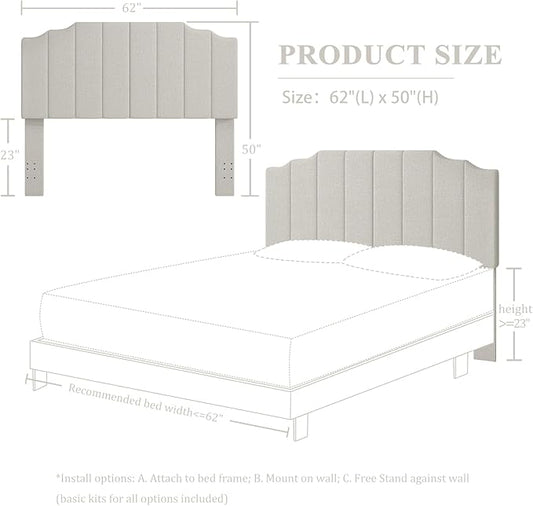 Queen Size Headboard Only, Linen Wall Mounted Headboard Queen/Full Size for Adjustable Bed, Modern Vertical Channel Design with Curved Tufted Upholstered Head Board, Linen Gray