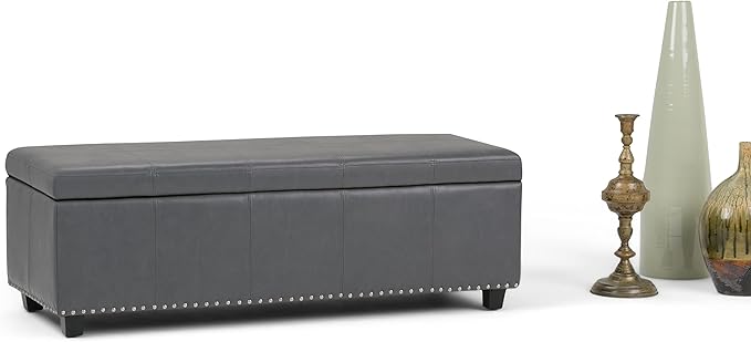 SIMPLIHOME Kingsley 48 inch Wide Transitional Rectangle Large Storage Ottoman in Stone Grey Vegan Faux Leather, Assembled, For the Living Room, Entryway and Family Room