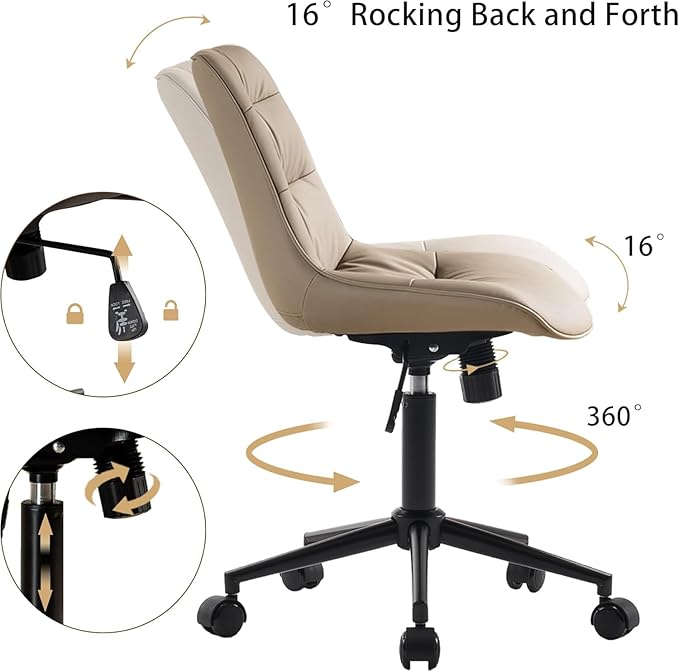 Kidol & Shellder Faux Leather Office Chair, Adjustable Swivel Height Task Chair, Rolling Wheels & Soft Backrest - Armless Ergonomic Desk Chair for Home, Office,Vanity,Gaming(Khaki)