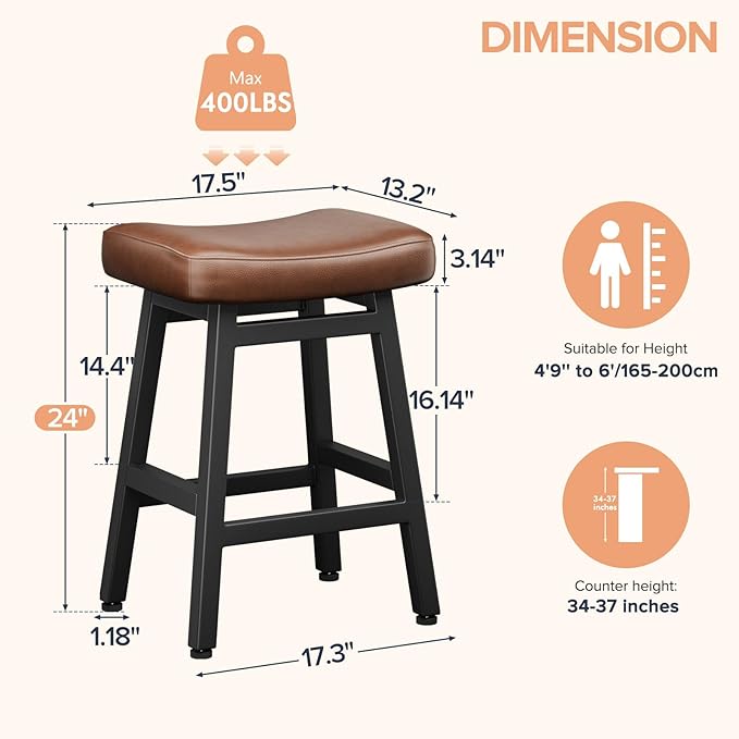 Counter Height Bar Stools Set of 2, 24 Inch Barstools for Kitchen Counter, Kitchen Stools with Bonded Leather Saddle Seats & Heavy Duty Metal Legs, Easy Assembly, Brown/Black