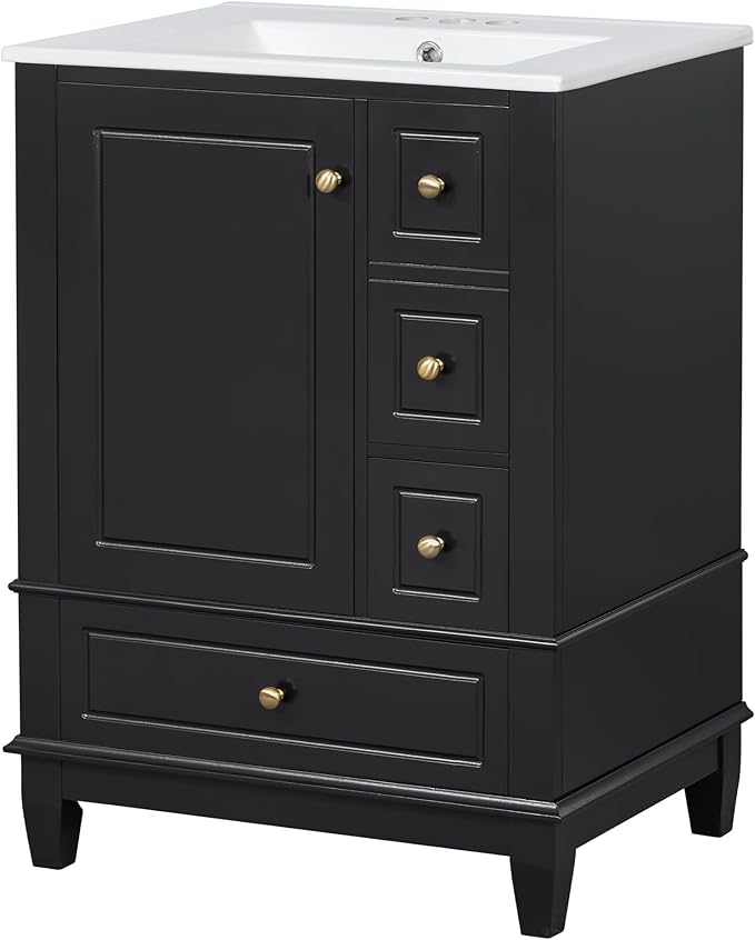 24 Inch Bathroom Vanity with Sink, Freestanding Bathroom Sink Cabinet with 3 Drawers and Storage Door Rack Organizer, Solid Wood Legs, Black