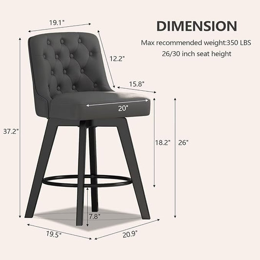 MINCETA Bar Stools Set of 2, PU Leather Barstools, 26 Inch Upholstered Counter Stools with Low Tufted Back and Footrest, Swivel Counter Height Barstools for Kitchen Island Home Bar Dark Gray