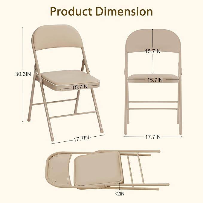 10 Pack Folding Chairs with Padded Cushion and Back, Khaki Portable and Foldable Chairs with Durable Metal Frame for Indoor Outdoor Office Party Events Kitchen, 330lbs Capacity