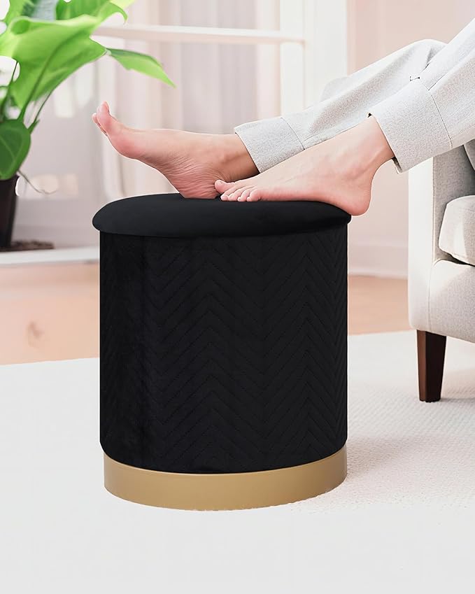 B FSOBEIIALEO Ottoman with Stroage, Round Velvet Storage Ottoman with Gold Plating Base,Foot Rest Stool for Dorm Room, Living Room Black, 14.76"x14.76"x16.35"