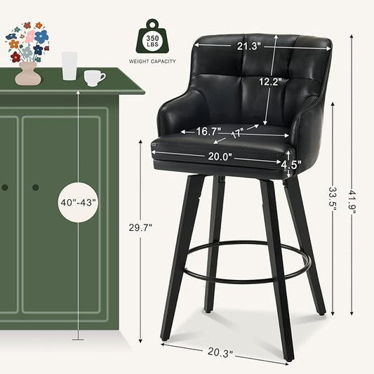 360°Swivel Counter Height Bar Stools with Back, 30 inch Solid Wood Legs, Bar Stool Modern Kitchen Island Chairs, Faux Leather (Black- Faux Leather, 30" H- Set of 2)
