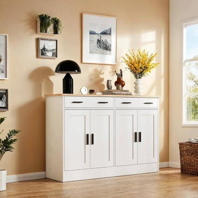 White Sideboard Buffet with 4 Doors & 2 Drawers, Accent Coffee Bar, Kitchen Cabinet for Living Room, Kitchen or Hallway