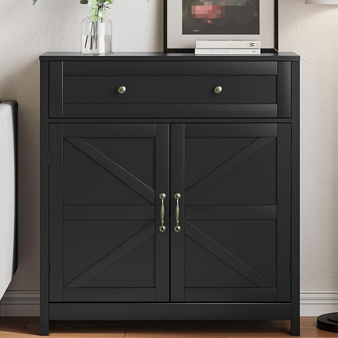 Buffet Sideboard with 2 Barn Doors,Black Kitchen Cabinet with Adjustable Shelf, Freestanding Floor Storage Cabinet