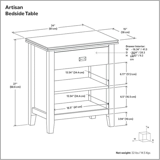 SIMPLIHOME Artisan Bedside Table - 24 inch Wide Solid Wood Nightstand Table in Autumn Brown, Transitional Bedside Stand for Bedroom with Drawer and Open Shelf for Storage