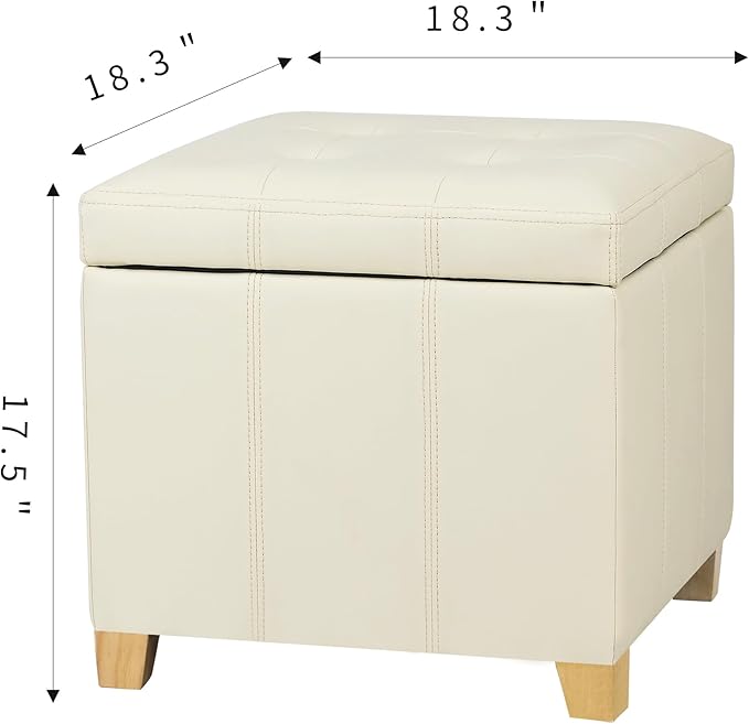 Adeco Faux Leather Storage Ottoman with Hinged Lid, 17.5 Inch High Cream White Square Cube Foot Stool with Storage, Upholstered Vanity Stool with Solid Wood Legs for Living Room, Bedroom, Dorm