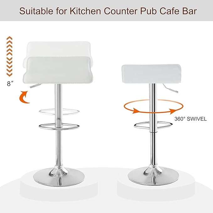 VECELO Bar Stools Set of 2, Swivel Bar Chairs, Adjustable Counter Bar Stools, Modern Armless PVC Stools for Kitchen/Island/Bar/Dining Room/Party, White