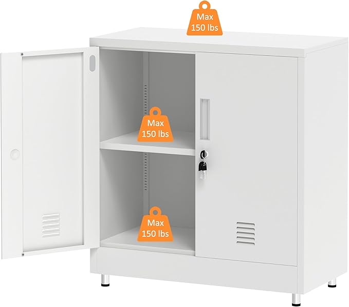 Metal Storage Cabinet with Locking Doors and Adjustable Shelf, Small Lockable Sideboard Buffet Cabinet for Home, Office, Entryway, Hallway, Living Room, Kitchen and Dining Room (White)